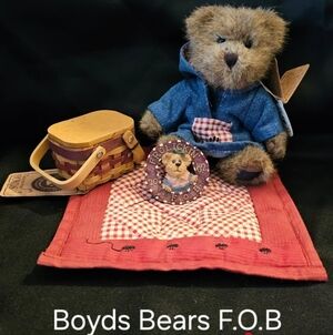 Boyds Bears Plush in Blue Jacket with Basket and Clock